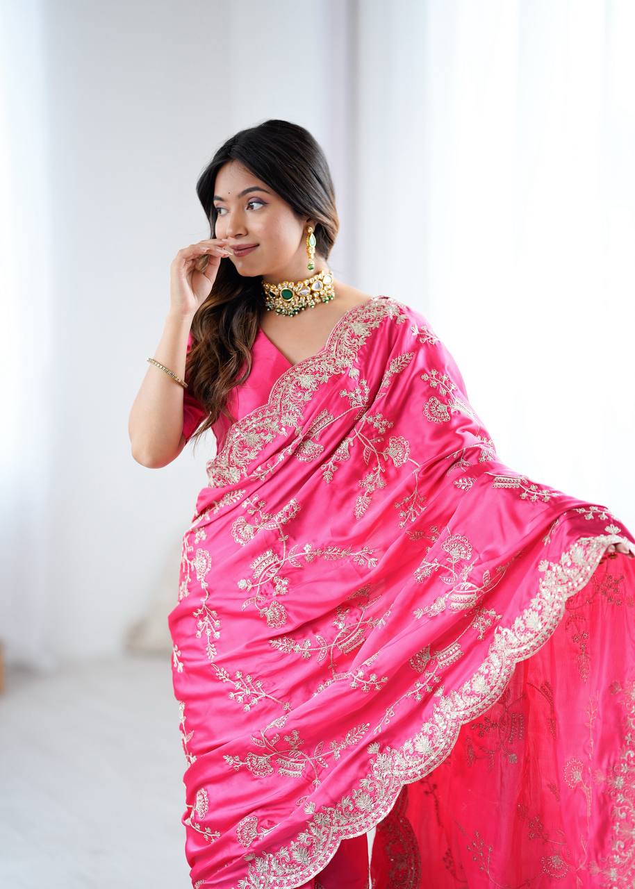 Heavy Japan Satin Silk Saree with Coding & Sequins Embroidery Work
