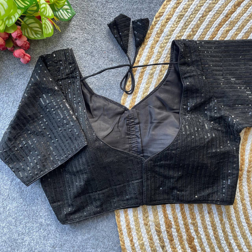 Georgette Blouse with Tone-on-Tone Thread & Sequins Work Black Colour