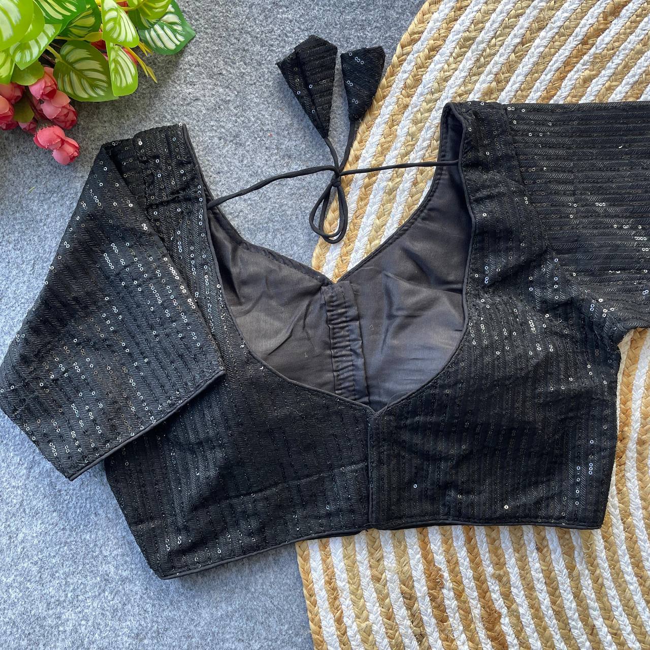 Georgette Blouse with Tone-on-Tone Thread & Sequins Work Black Colour