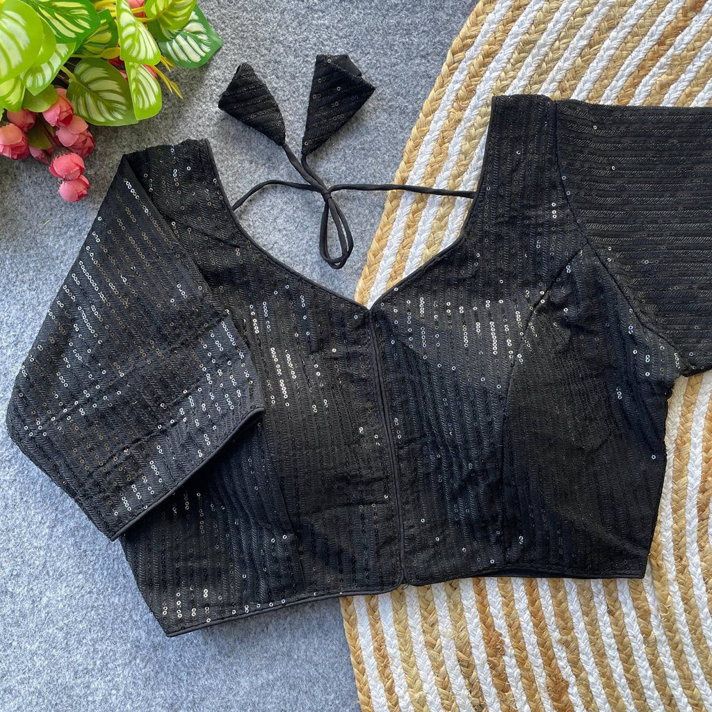 Georgette Blouse with Tone-on-Tone Thread & Sequins Work Black Colour