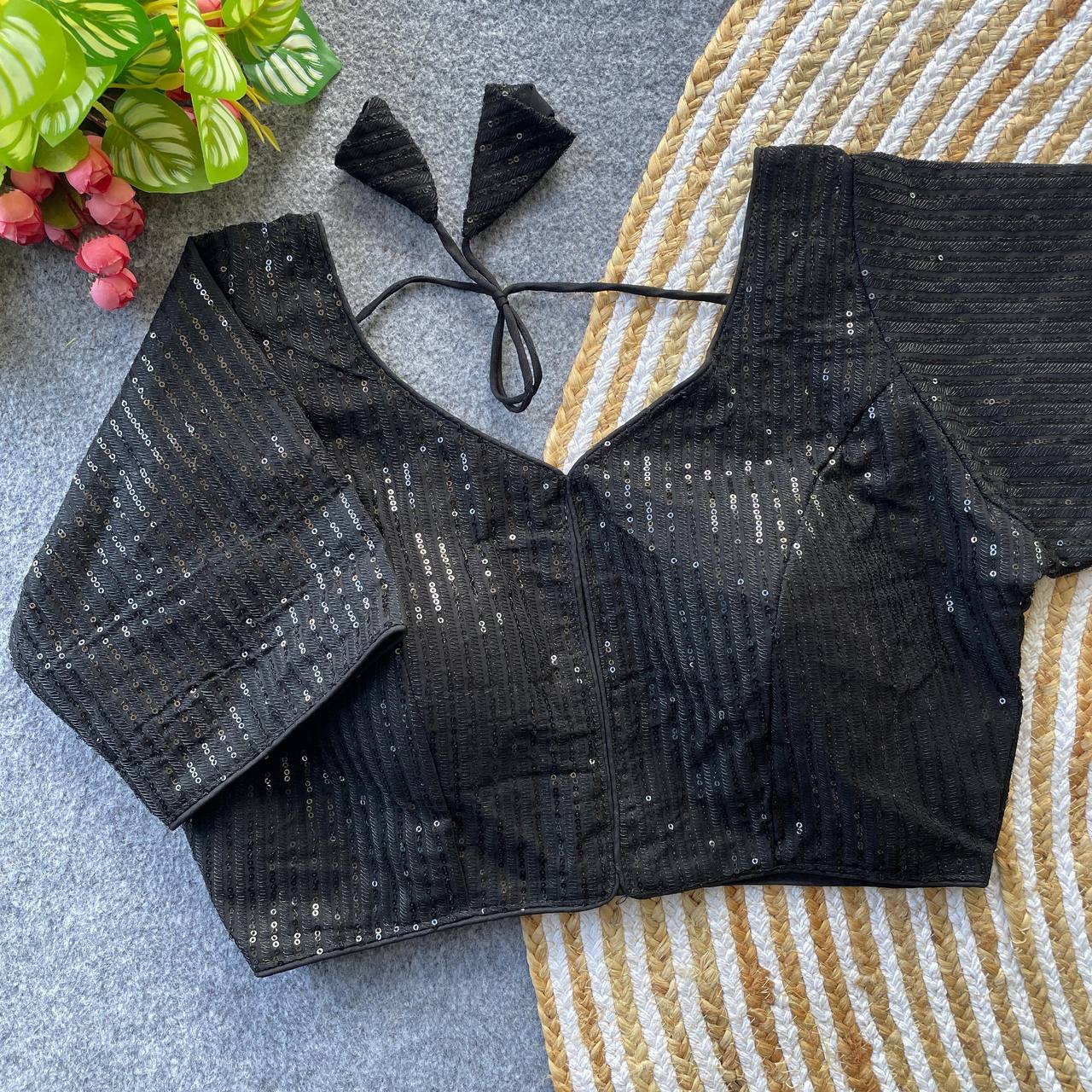 Georgette Blouse with Tone-on-Tone Thread & Sequins Work Black Colour