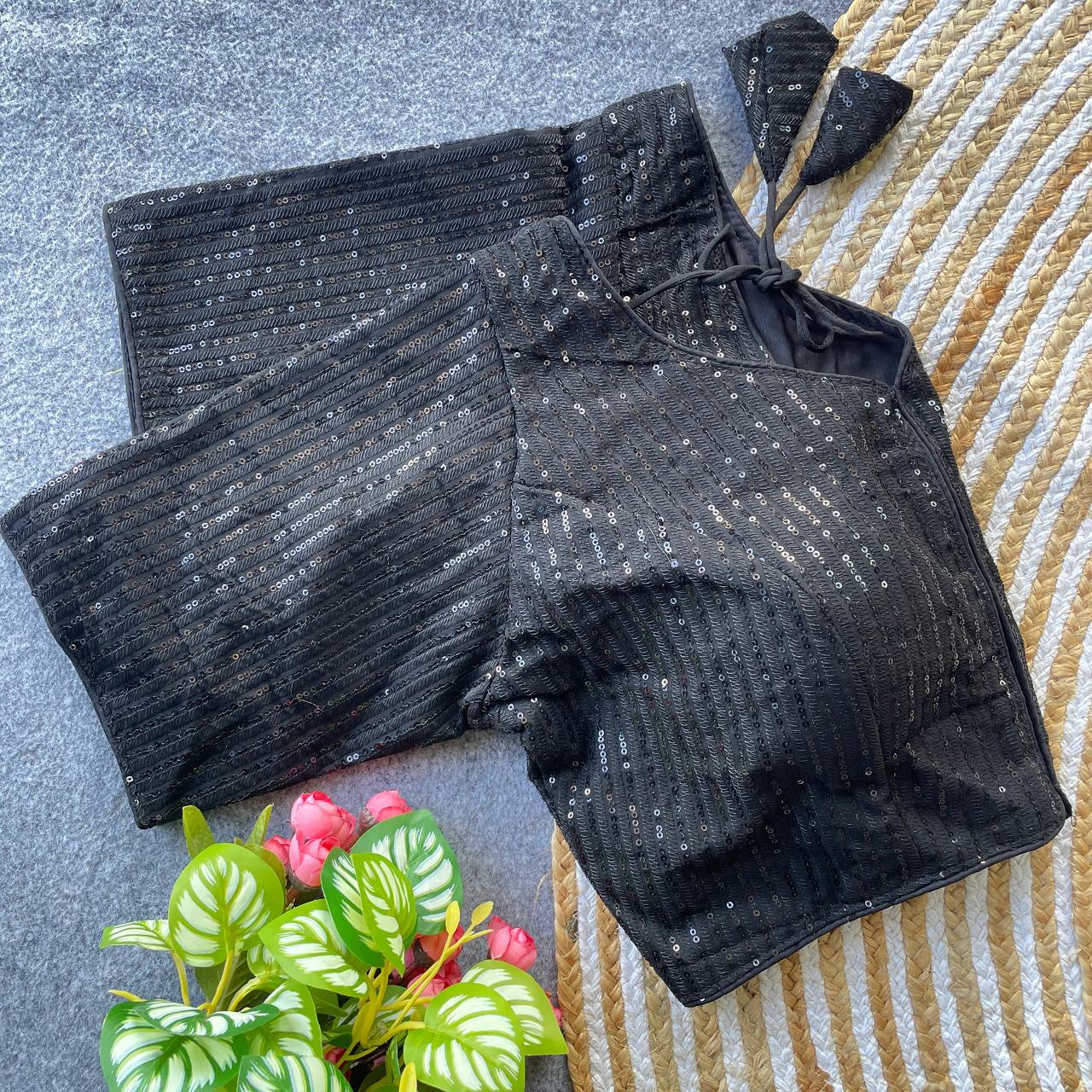 Georgette Blouse with Tone-on-Tone Thread & Sequins Work Black Colour