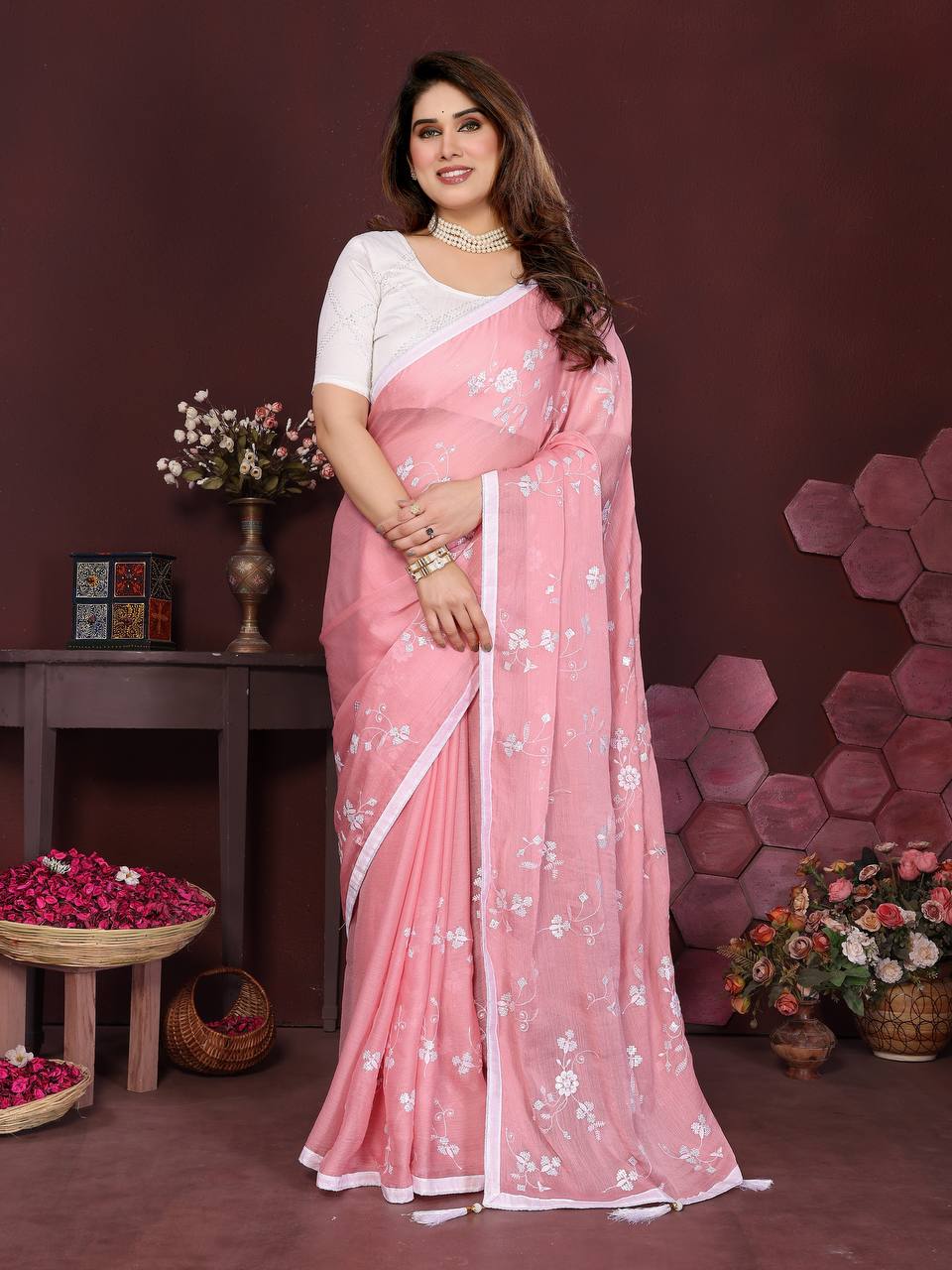 Moss Chiffon Silk Saree with Heavy Embroidery Work & Banglory Silk Blouse