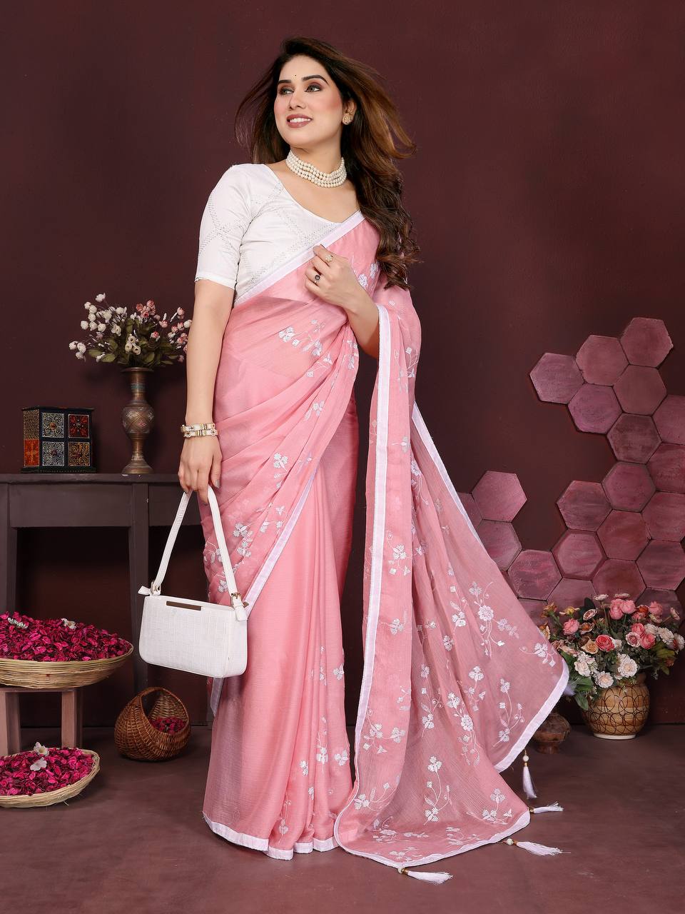 Moss Chiffon Silk Saree with Heavy Embroidery Work & Banglory Silk Blouse