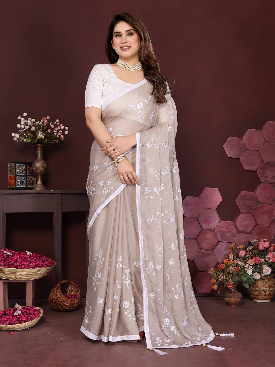 Moss Chiffon Silk Saree with Heavy Embroidery Work & Banglory Silk Blouse