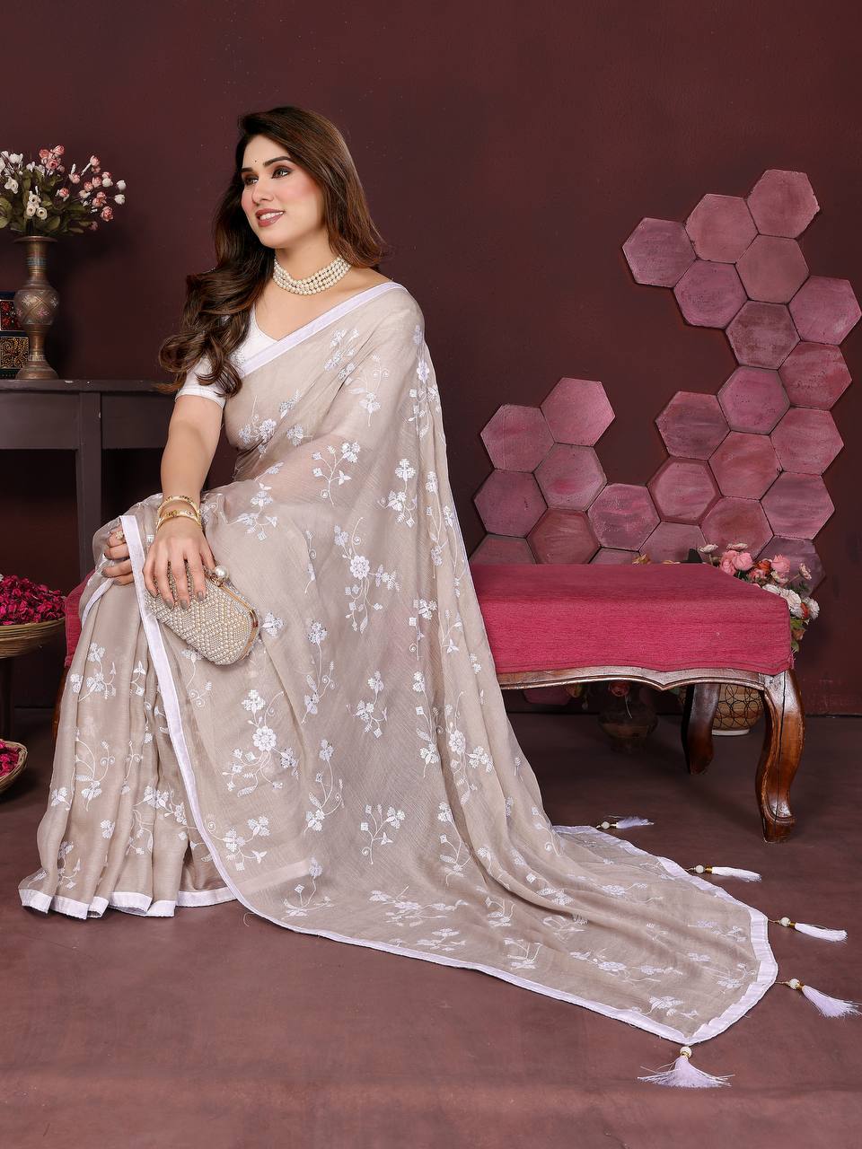Moss Chiffon Silk Saree with Heavy Embroidery Work & Banglory Silk Blouse