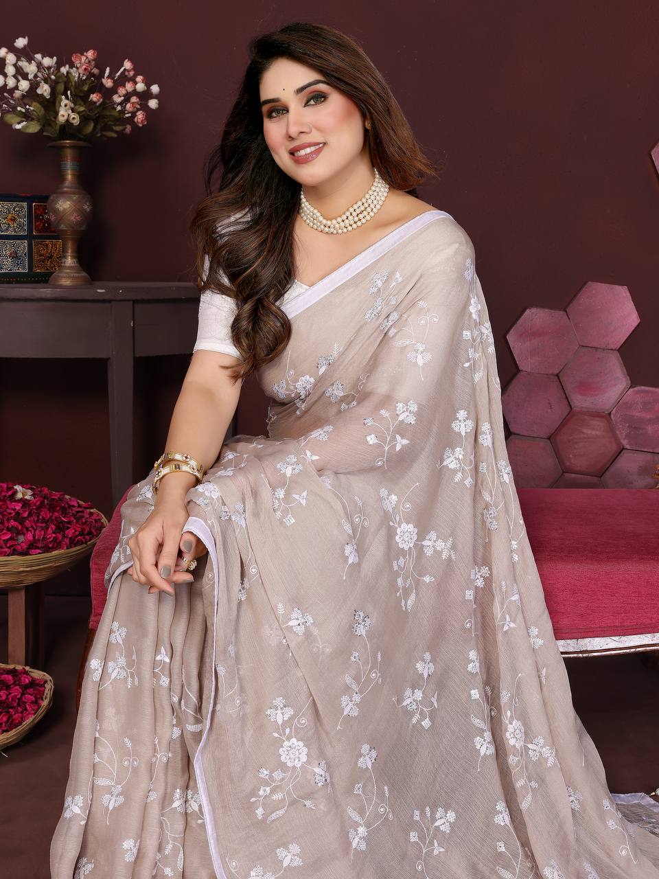 Moss Chiffon Silk Saree with Heavy Embroidery Work & Banglory Silk Blouse
