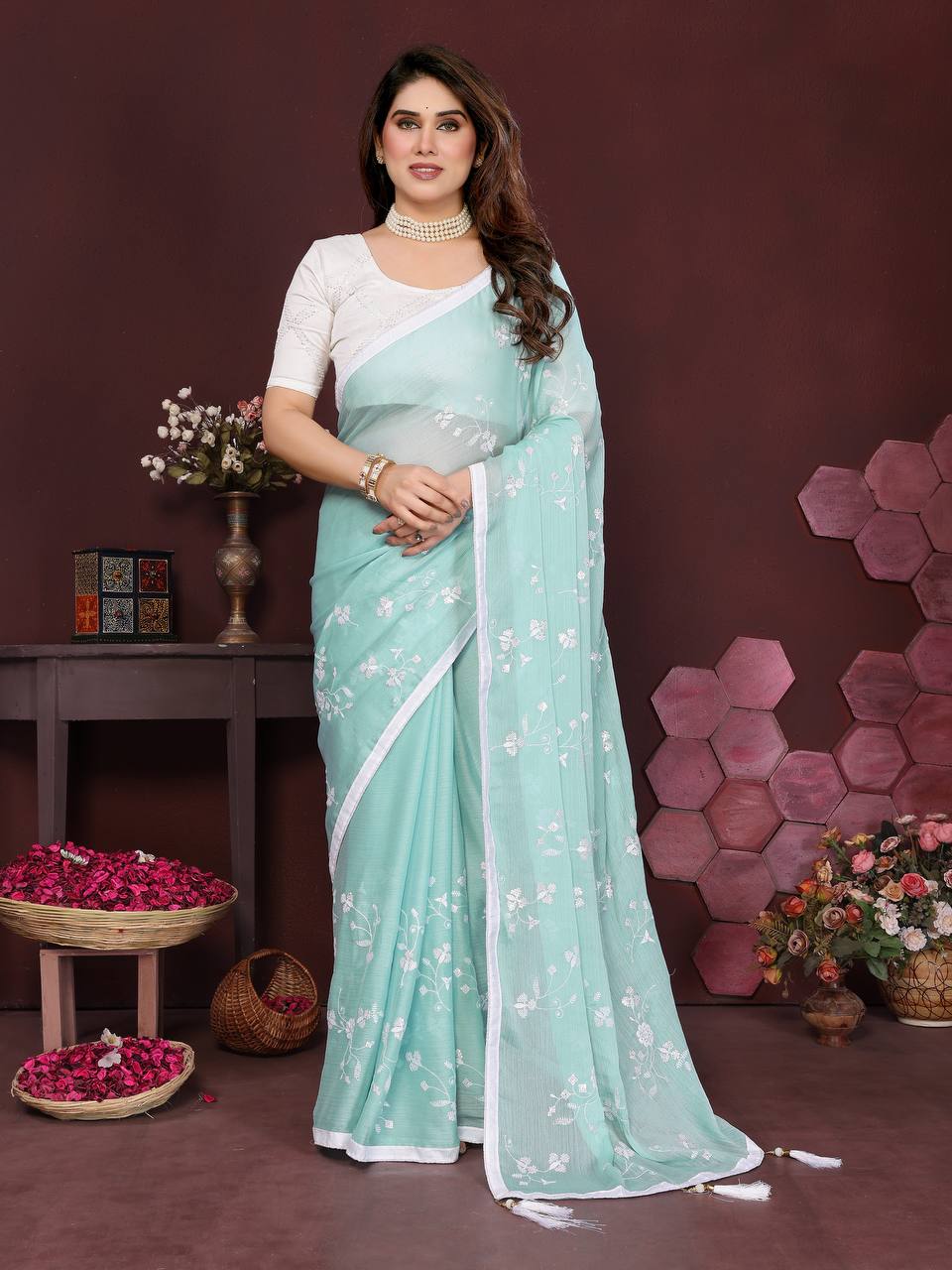 Moss Chiffon Silk Saree with Heavy Embroidery Work & Banglory Silk Blouse