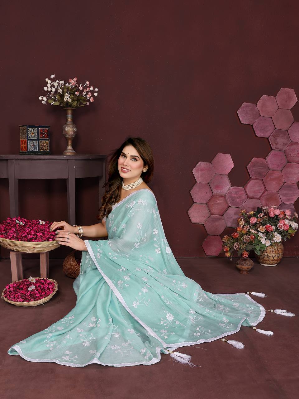 Moss Chiffon Silk Saree with Heavy Embroidery Work & Banglory Silk Blouse
