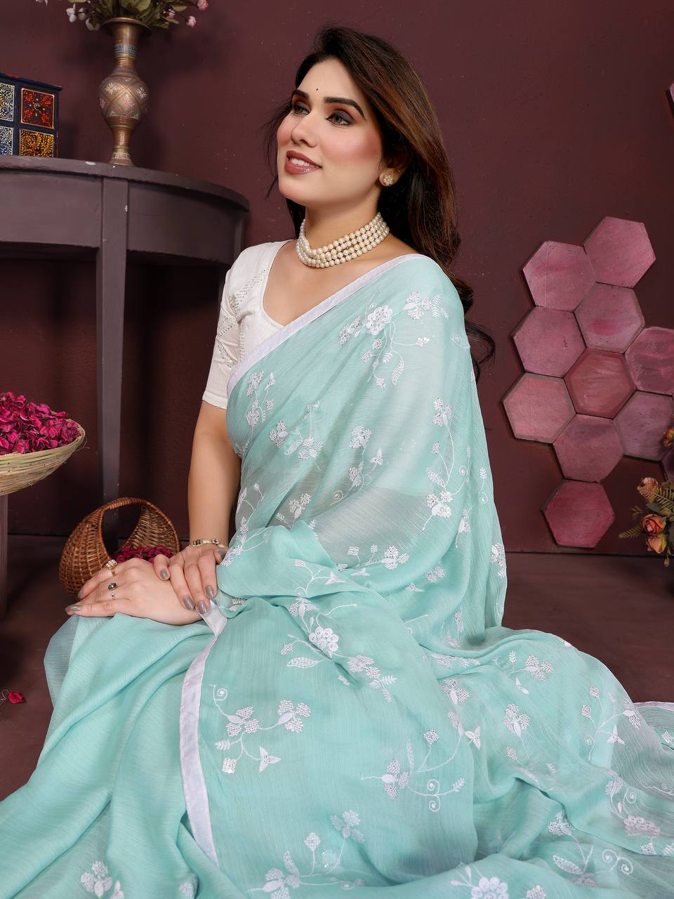 Moss Chiffon Silk Saree with Heavy Embroidery Work & Banglory Silk Blouse