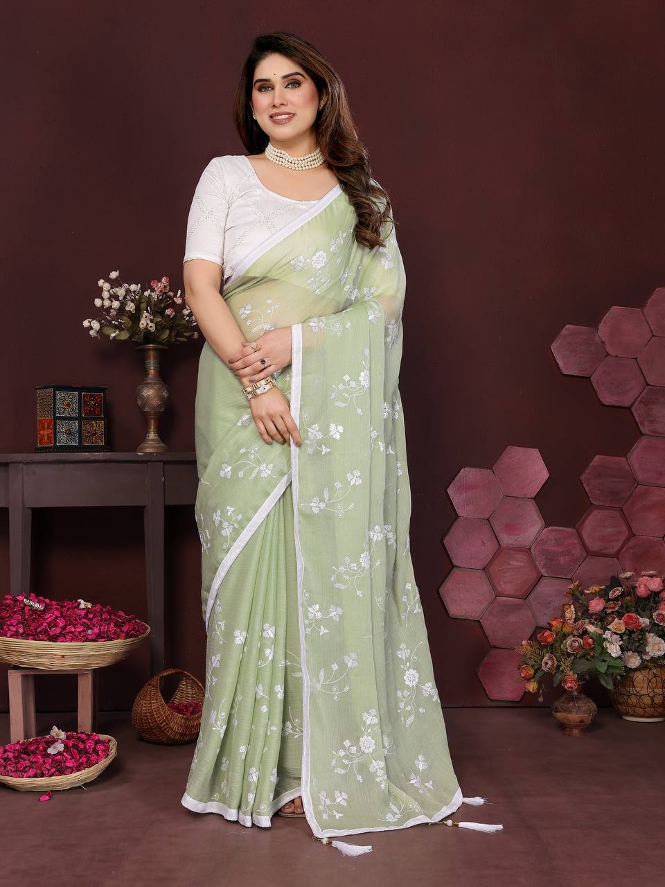 Moss Chiffon Silk Saree with Heavy Embroidery Work & Banglory Silk Blouse